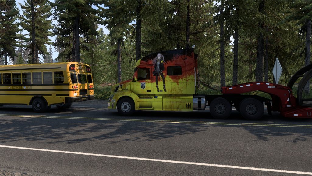 ATS Volvo truck with anime paint job queuing behond a school bus in a forest area