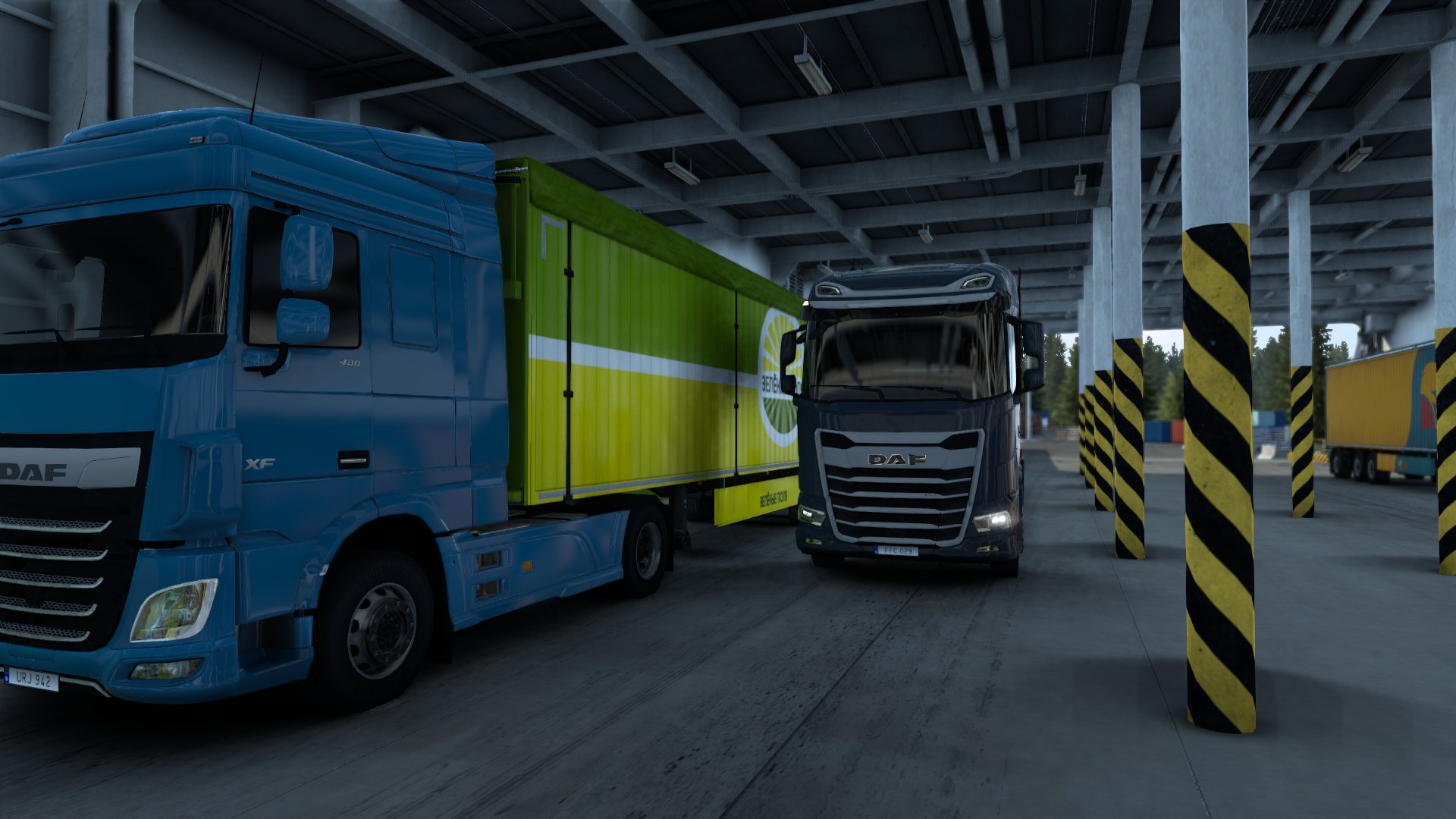 Screenshot of two different generations of DAF trucks on a ferry