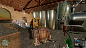 Screenshot of skid steer with a wine barrel